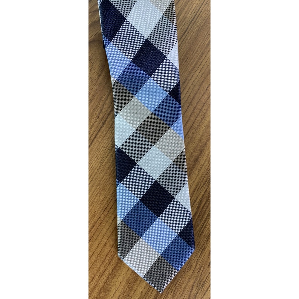 John W. Nordstrom Mens Plaid Checked Silk Linen Tie Preppy Business Blue Tan - Picture 2 of 5